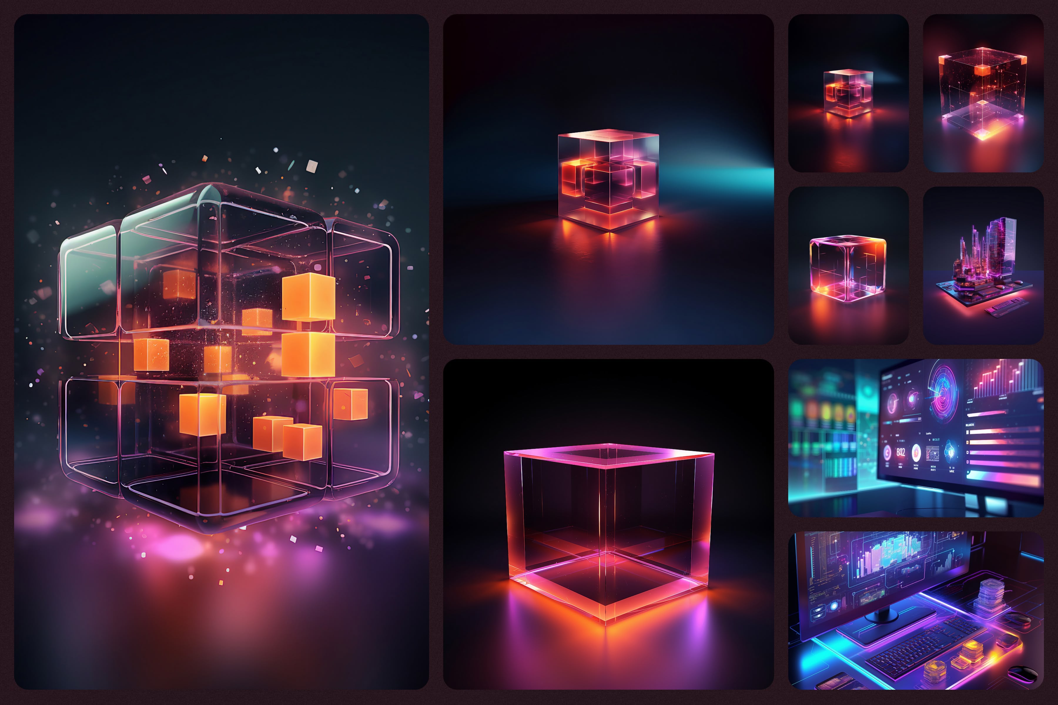 An image of a collage and mood board style layout of an AI image library sampling. - One image shows a cube that is abstract and technological with bits of technology surrounding it. - Another slide shows a glass-like modern cube with smaller cubes inside of it on a moody lit dark scene. - Another that is a clear technology cube with moody lighting and then two pictures of computer screens or computer technology that is very modern and futuristic. Each image has the color scheme of the lighting and color of the technology to match the Webmo visual design. 