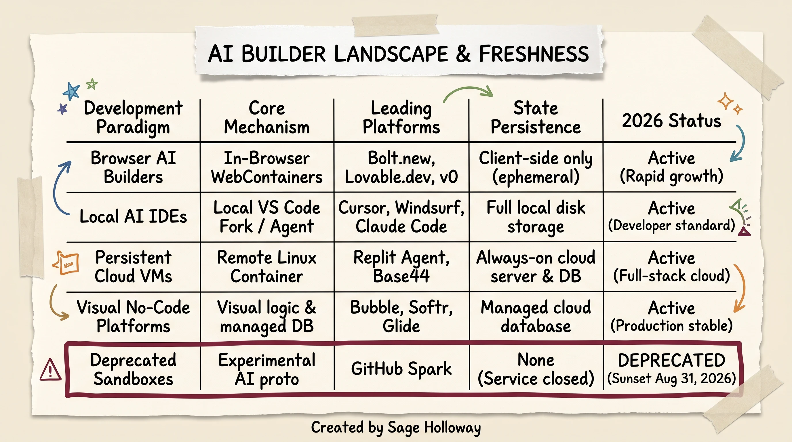 Landscape and freshness table comparing AI app builder paradigms and highlighting GitHub Spark sunset