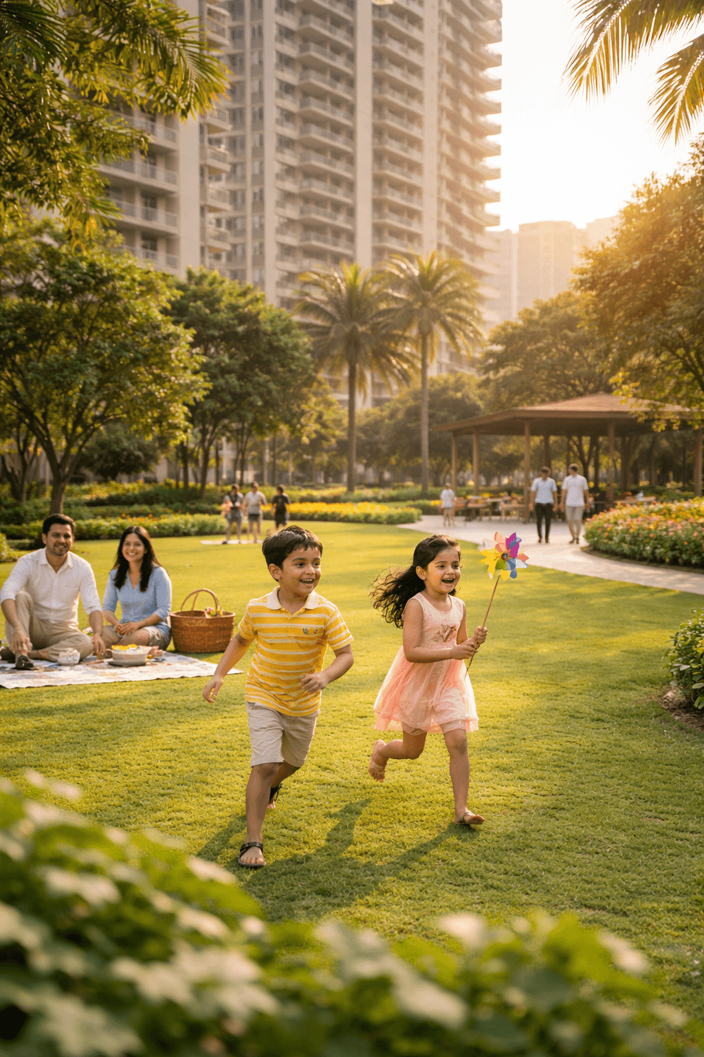 Families enjoying landscaped green park and open leisure spaces in a residential community at Sector 90 Gurugram