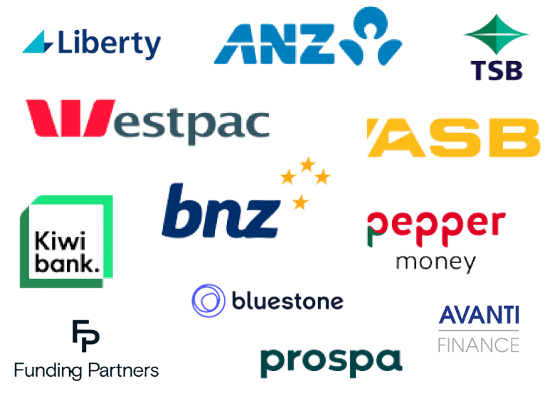 Logos of the top lending and insurance providers Kiwi Adviser Network work with: ANZ, ASB, BNZ, Westpac, Kiwibank, TSB, pepper money, Funding Partners, bluestone, prospa and Liberty.