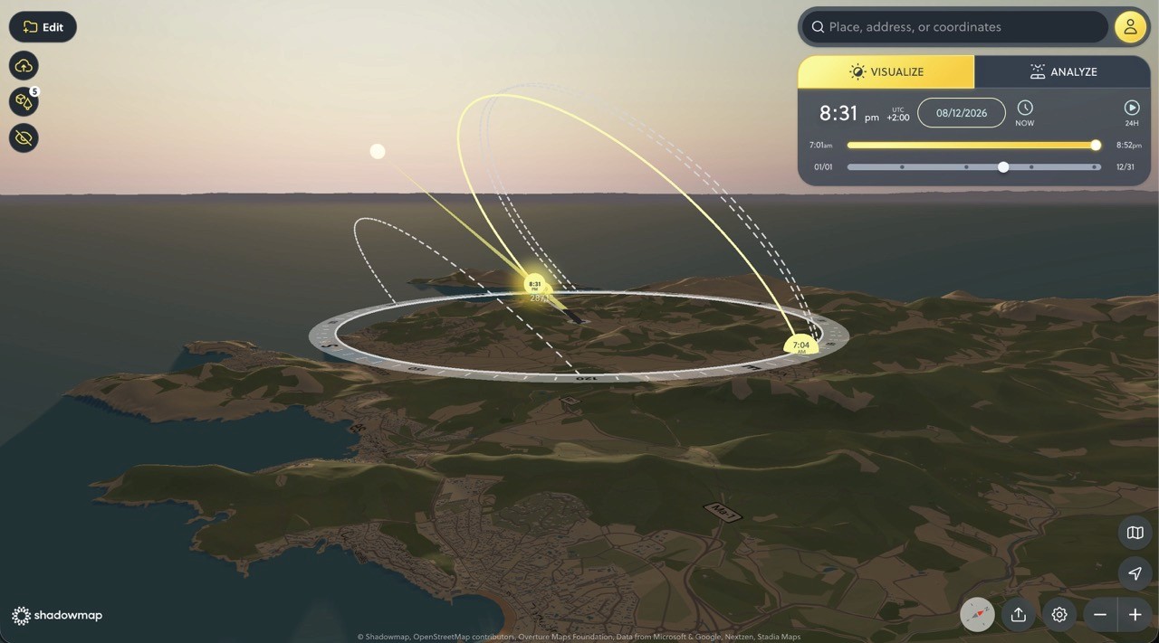 Eclipse location in Shadowmap Mallorca sun path totality app 3D map
