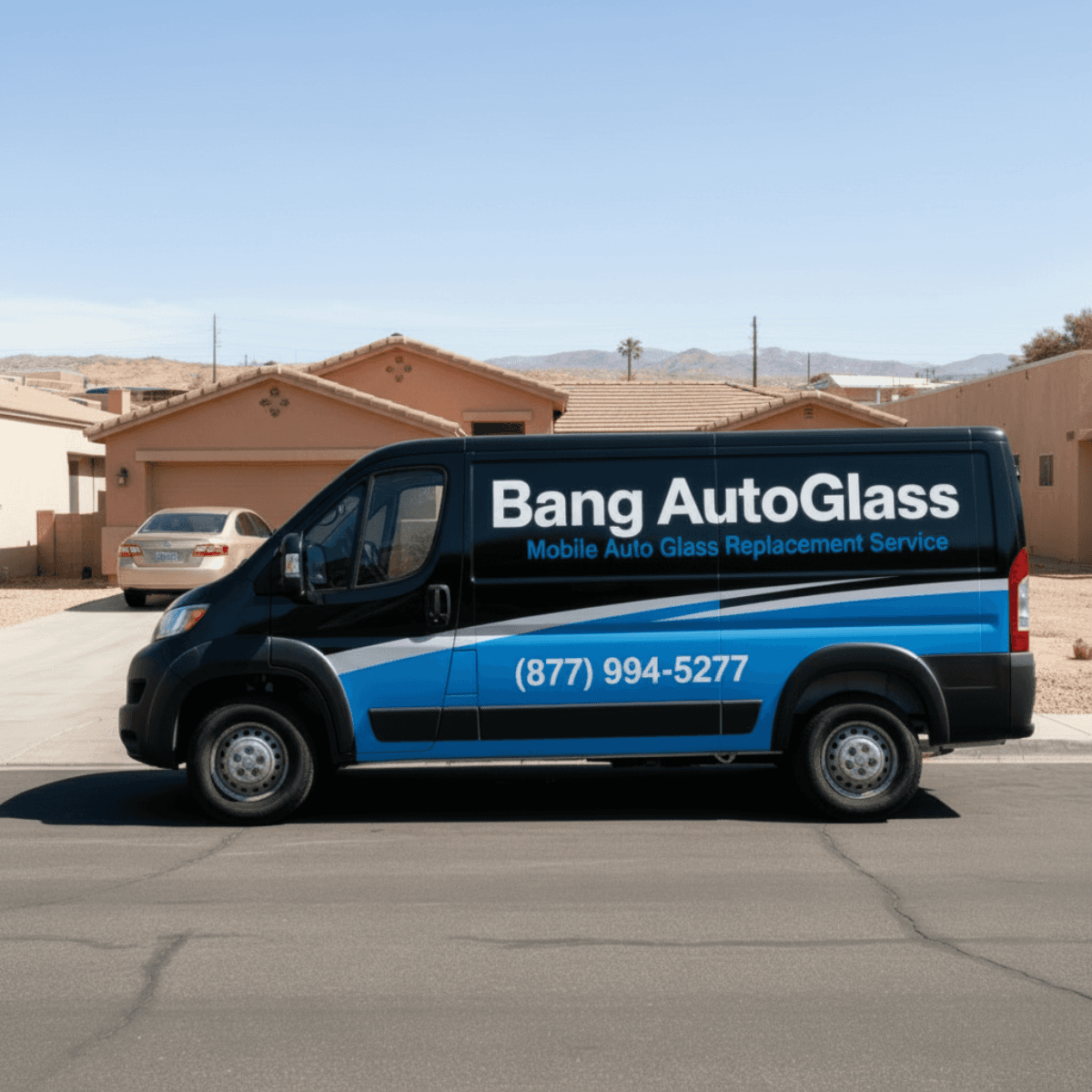 Bang AutoGlass mobile windshield replacement van parked outside a customer's home in Yuma, AZ