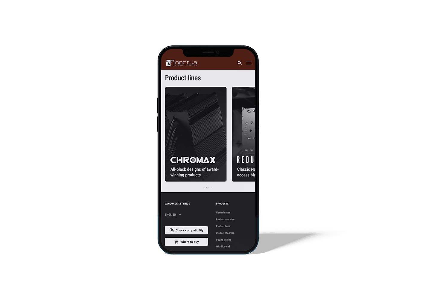 Mobile Ansicht der noctua.at Website mit Produktlinien und Navigation