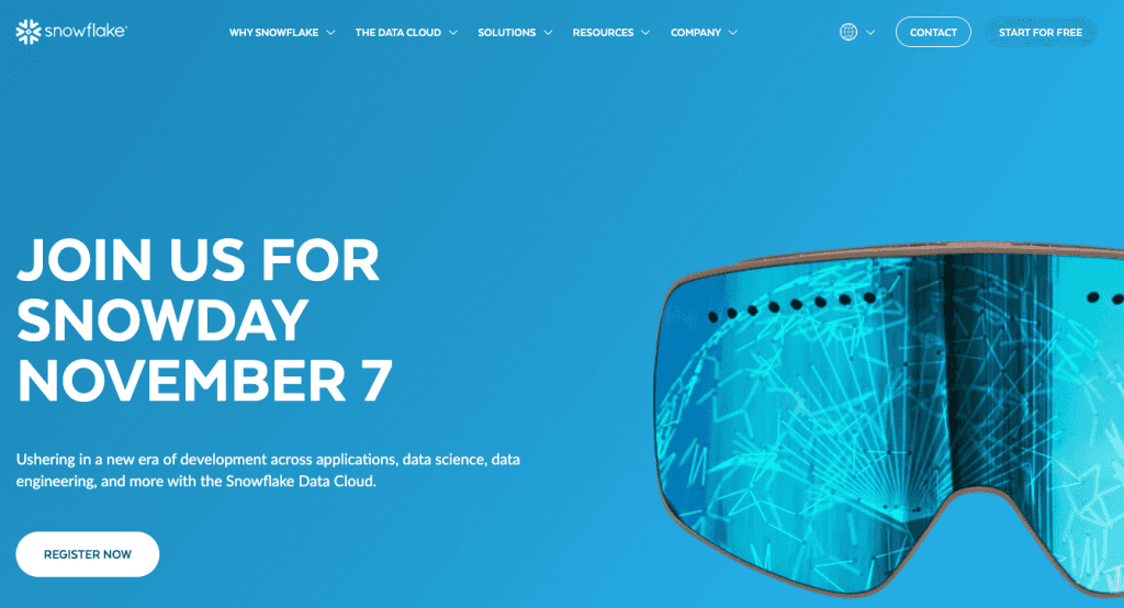 Snowflake homepage announcing Snowday on November 7 with a ski goggle visual