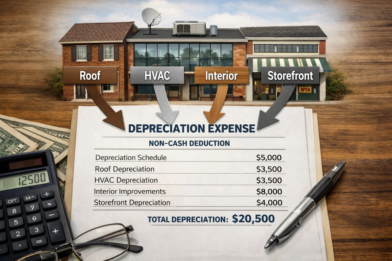 Tax document with a building illustration above it and arrows pointing from building parts to the paper, representing non-cash depreciation deductions.