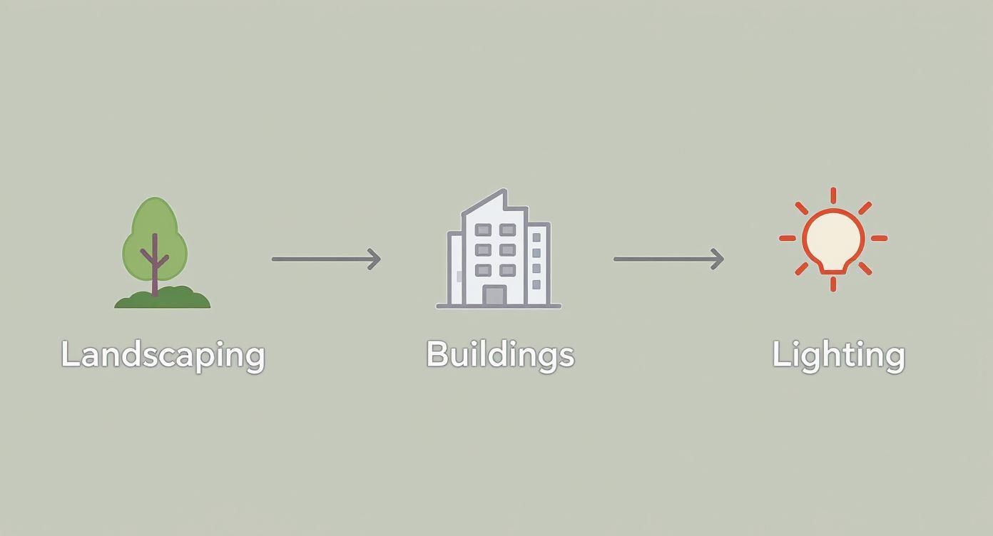 Infographic about rendered site plans showing the process flow of adding landscaping, buildings, and lighting.