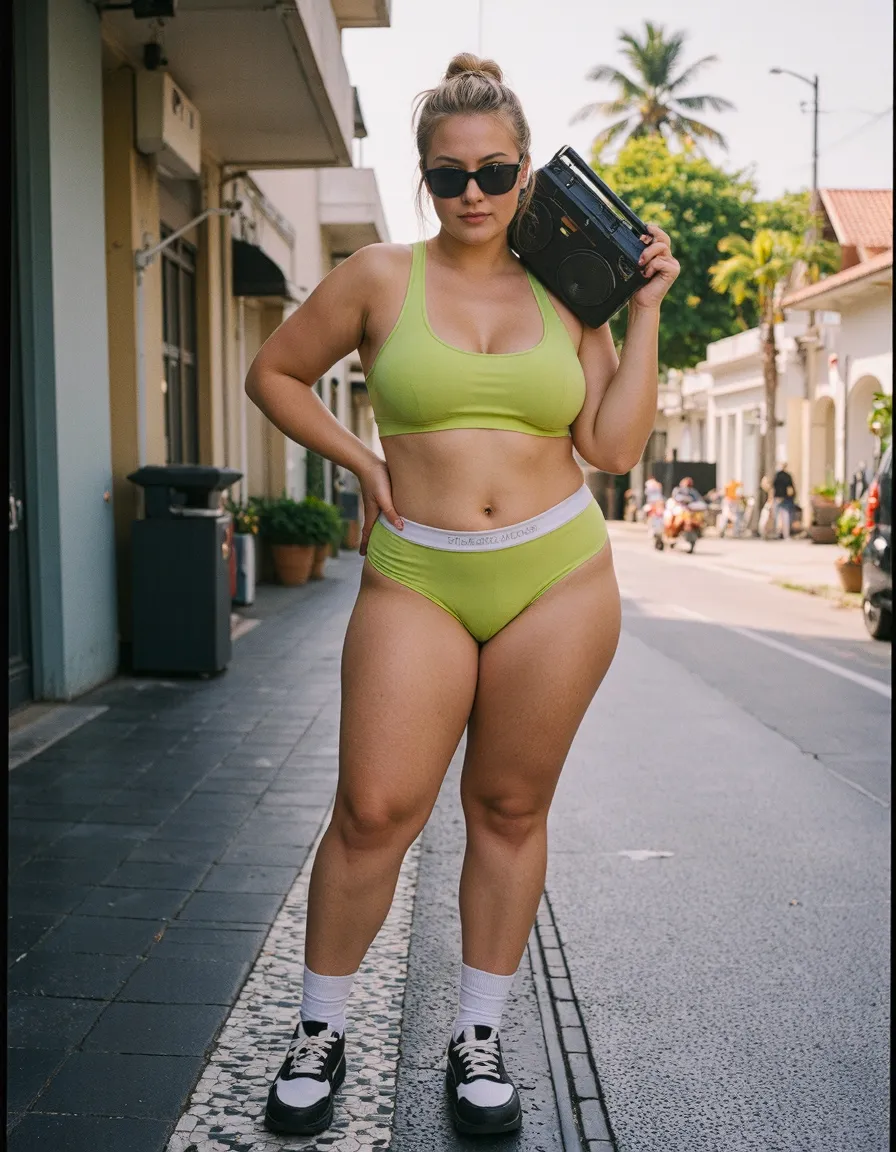 Fashion photography showing vibrant lime green athletic wear on a sunny street with tropical palm trees and a vintage boombox