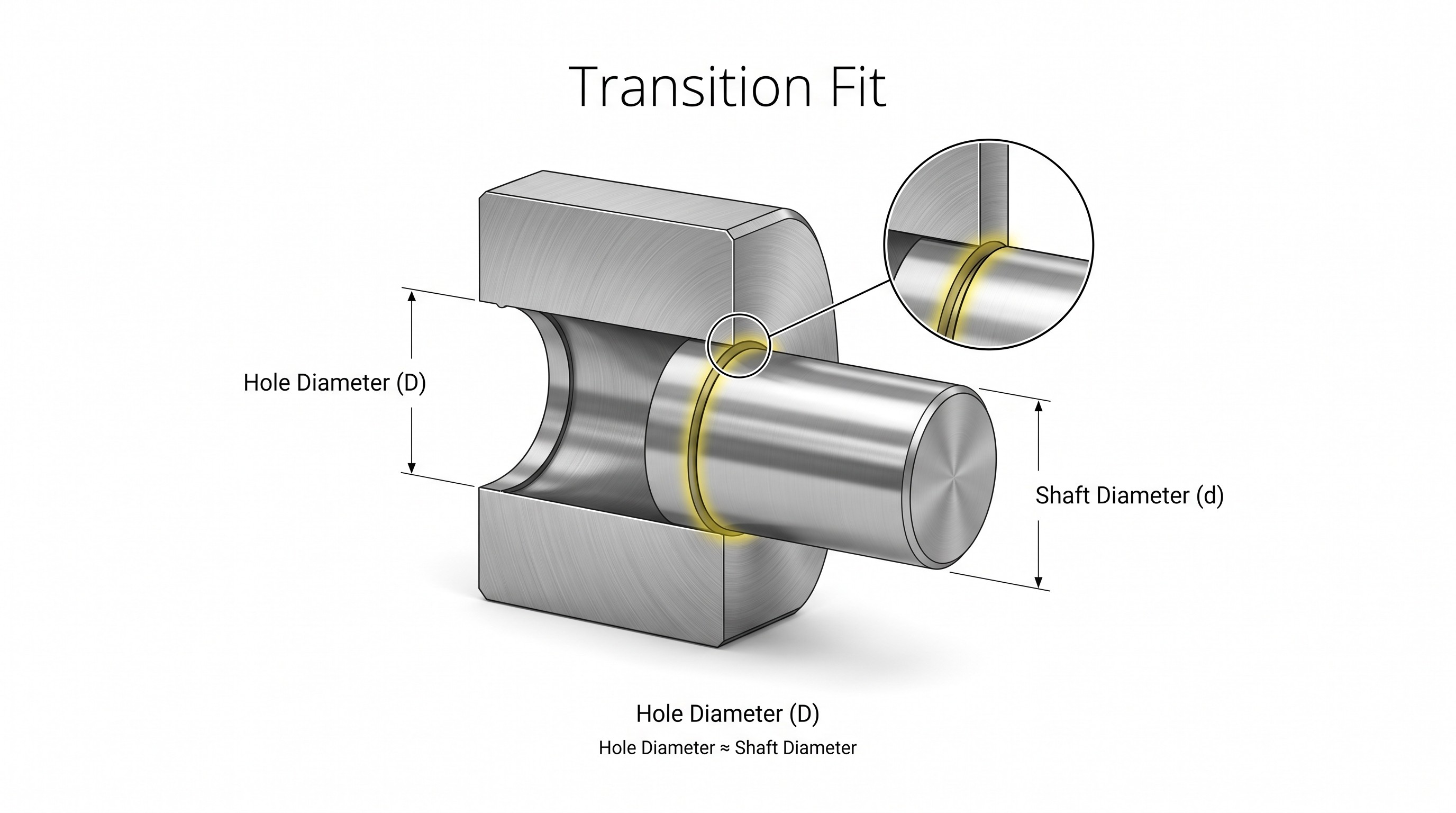Engineering illustration of a transition fit showing a shaft nearly equal in size to its mating hole with a highlighted interface indicating a very close fit.