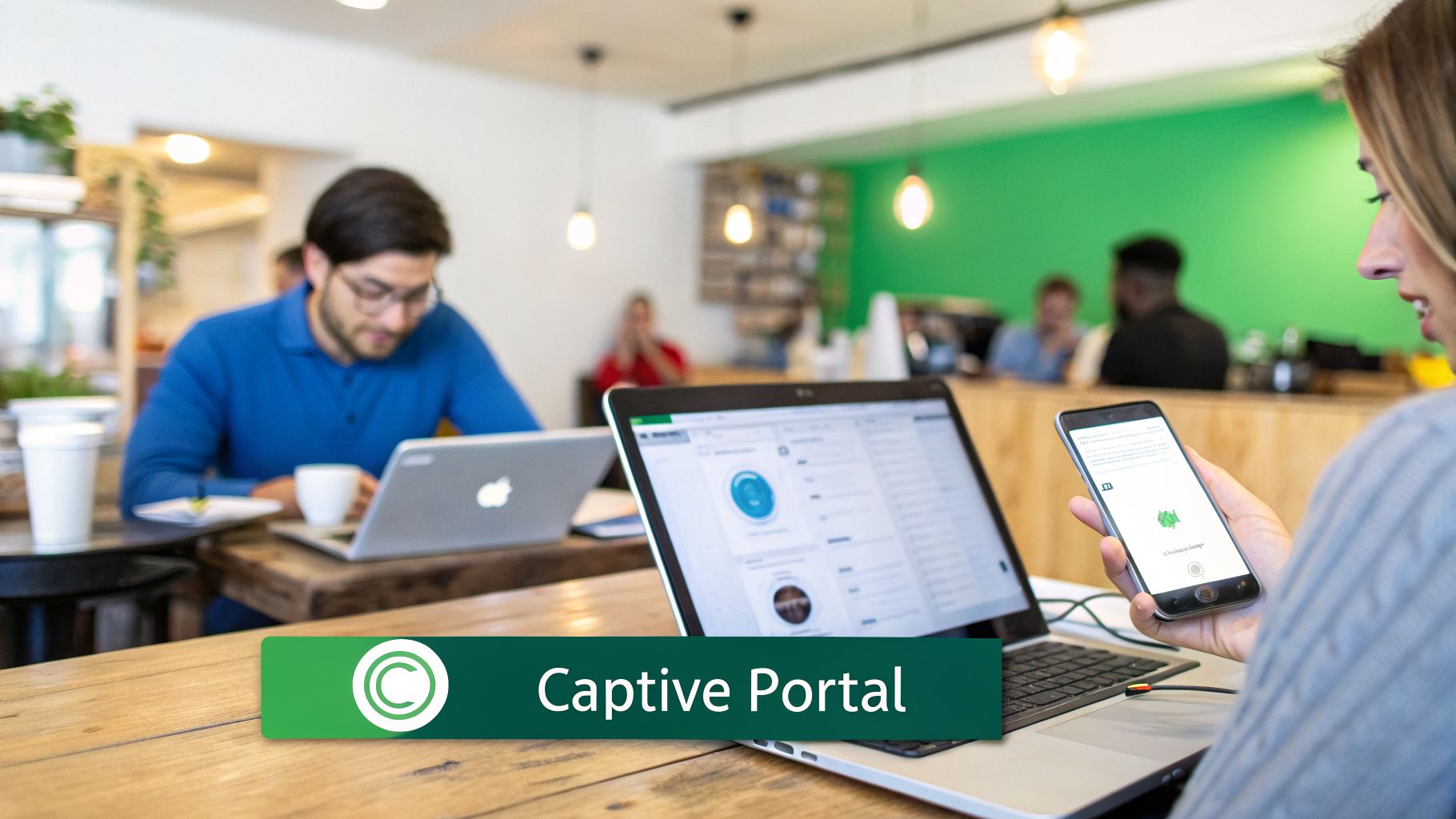 People working on laptops and smartphones in a modern cafe, featuring a 'Captive Portal' banner.