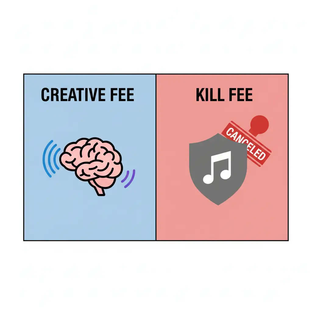 A strong, simple visual of a shield with a euro/dollar sign on it, deflecting a red block labeled "Project Canceled." A musical note icon is safely behind the shield.