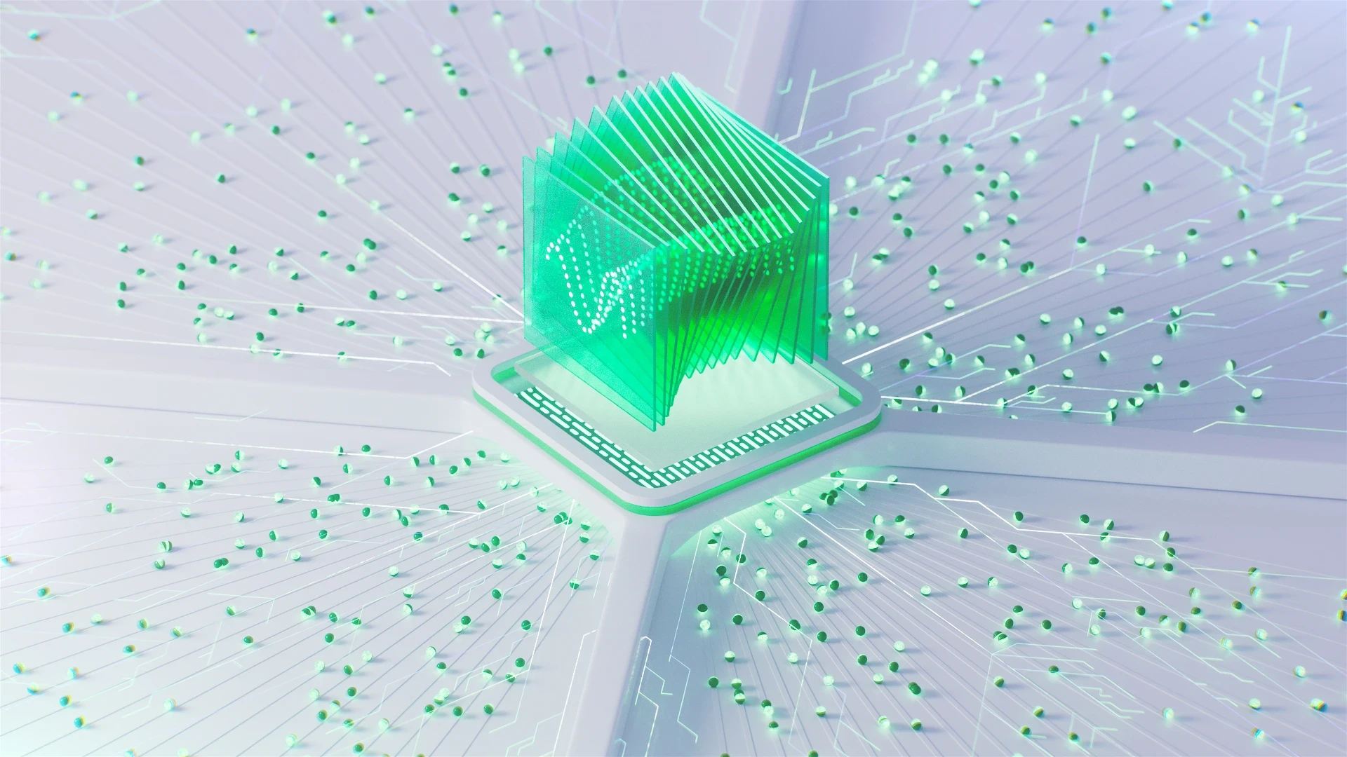 Stylized 3D scene showing data processing with animated UI layers and nodes, visualizing how a SaaS platform connects and organizes information.