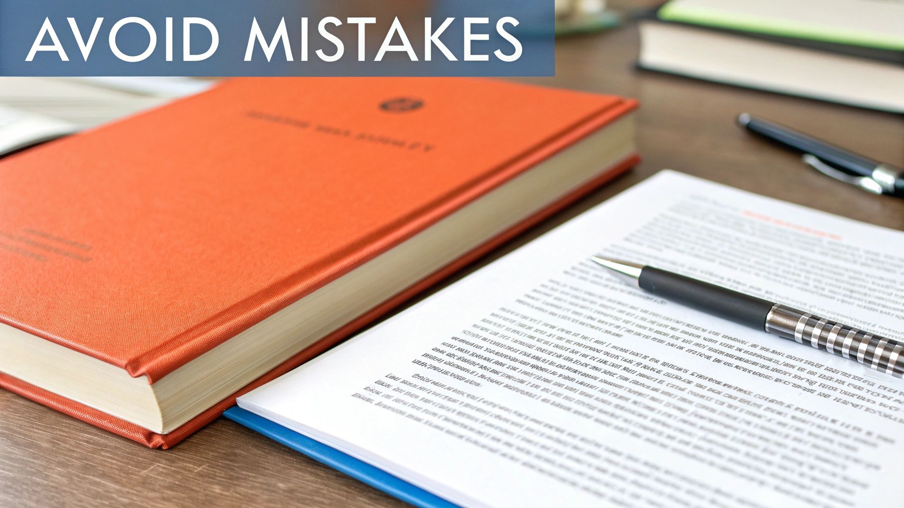 A pen rests on a document next to a thick orange book, with text 'AVOID MISTAKES'.
