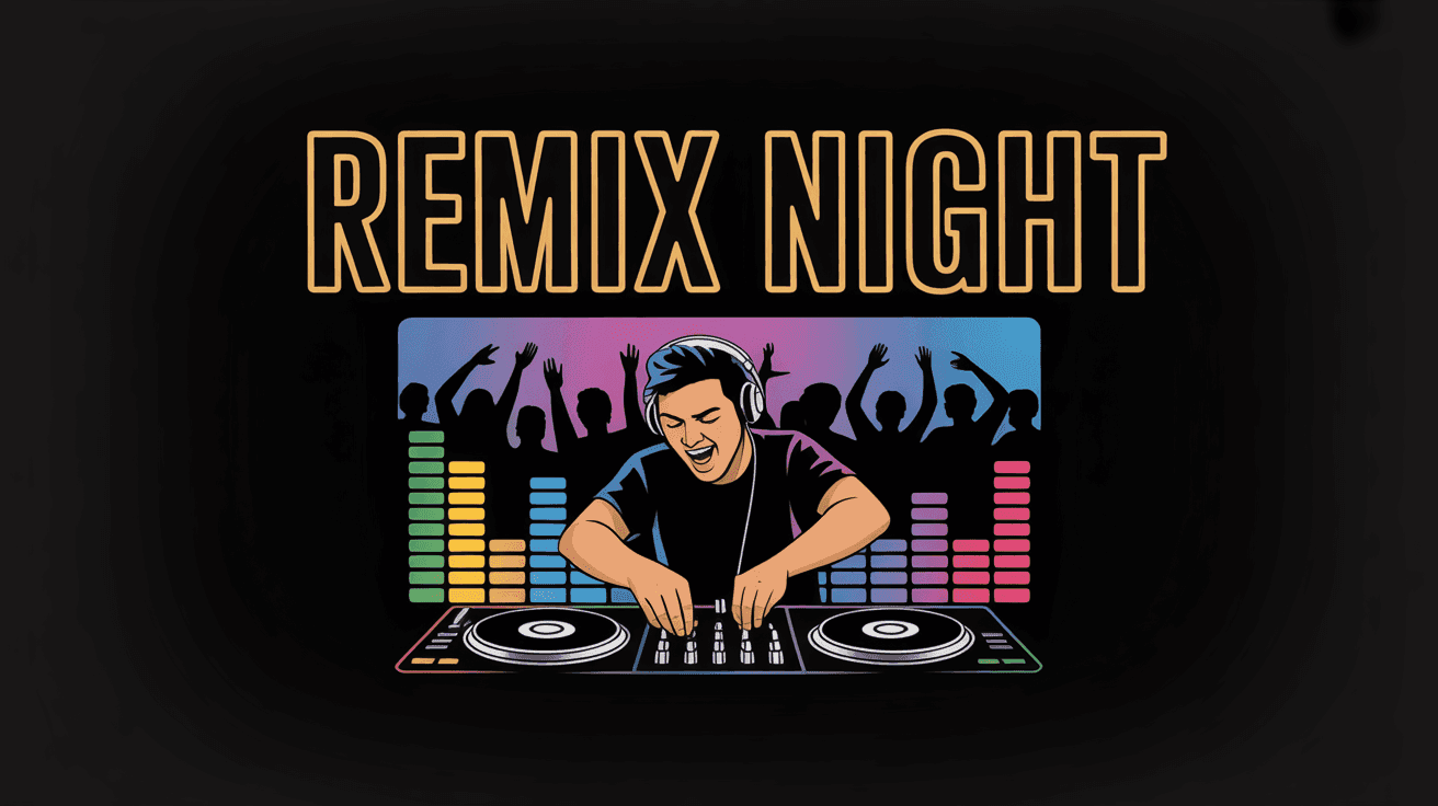 DJ Remix Night Thumbnail Design, featuring an energetic DJ scratching turntables with neon equalizer bars and club crowd silhouettes