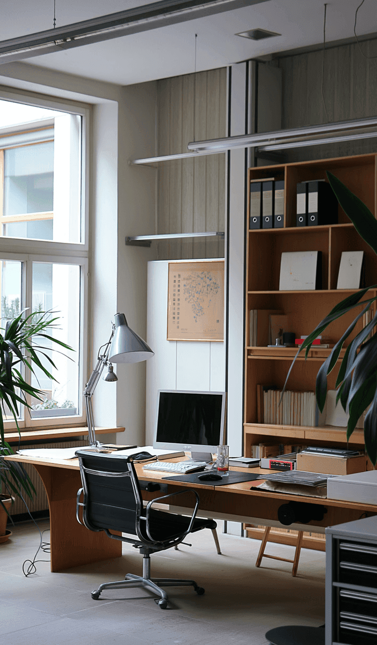 Tidy private office with a wooden desk, bookshelves, and natural light from large windows