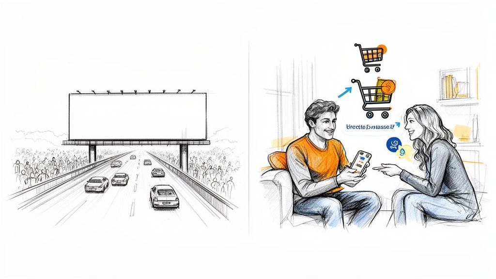 Two panels contrasting traditional billboard advertising on a highway with modern mobile commerce and social interaction.