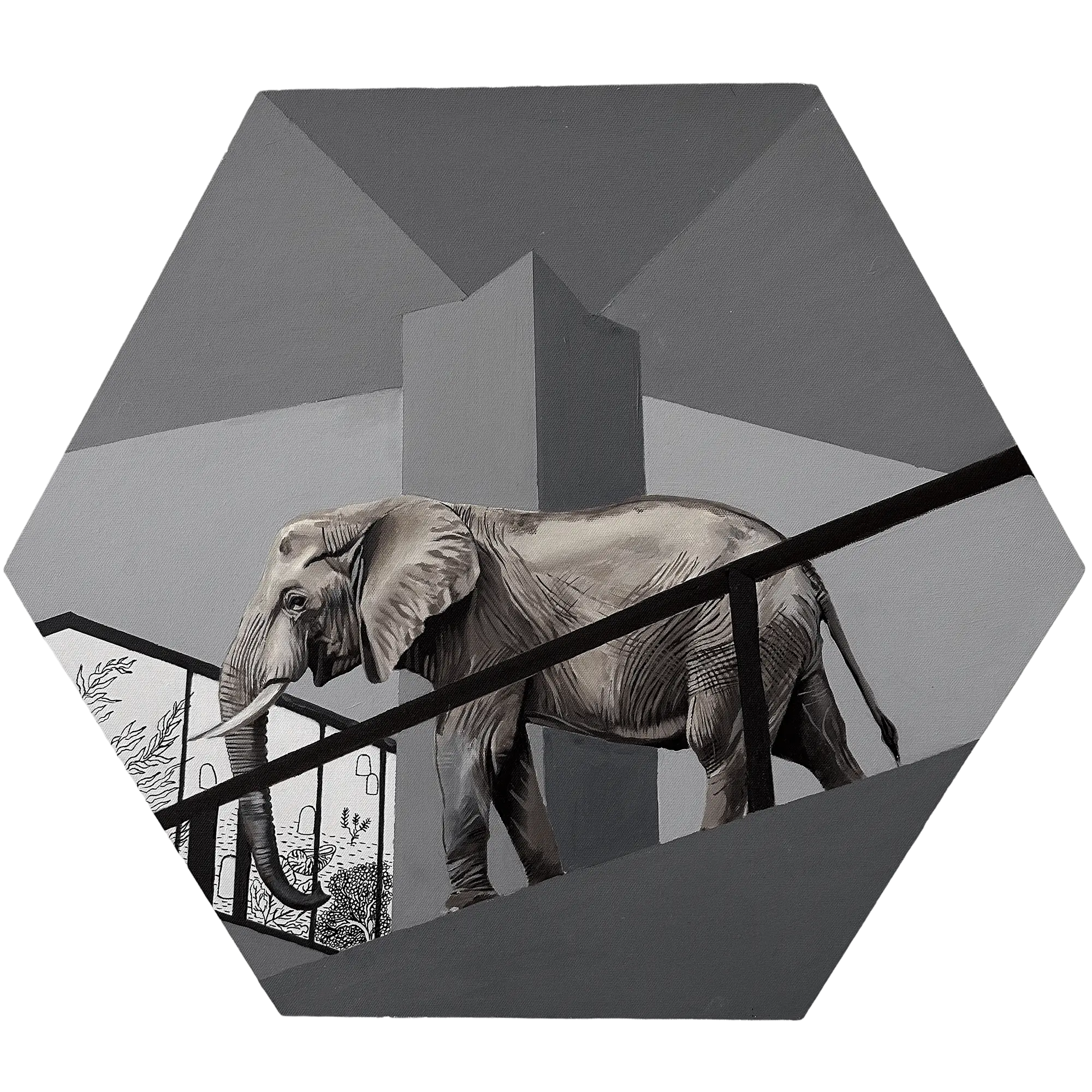 A solitary elephant walks up an angular ramp in a minimalist, grey-toned architectural space. A railing follows the ramp’s incline, and faint fossil motifs and leaves appear etched on glass panels below.