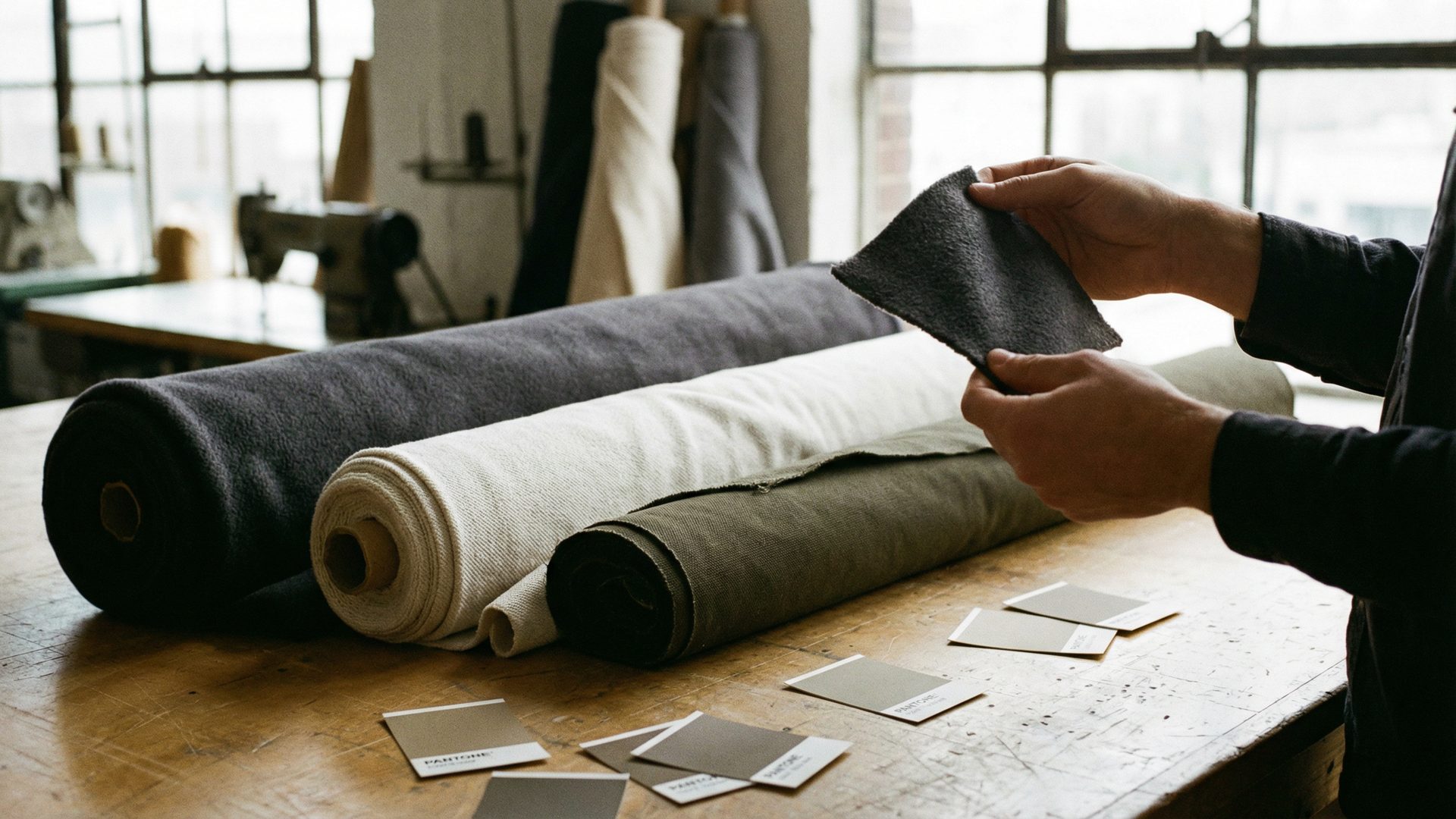 Multiple bolts of premium fabric on a wide industrial table, including a heavyweight 400gsm brushed fleece in charcoal, a French terry in off-white, and a woven canvas in dark olive, with a pair of hands holding a fabric swatch up to the light and Pantone color chips scattered on the table.