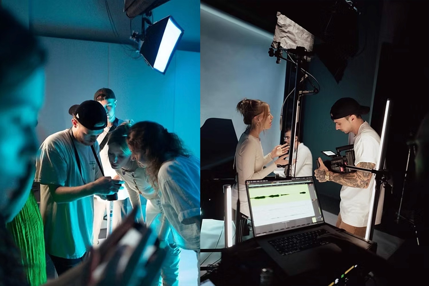 2 camera videographer in a studio behind teh scenes, camera red and sony fx3