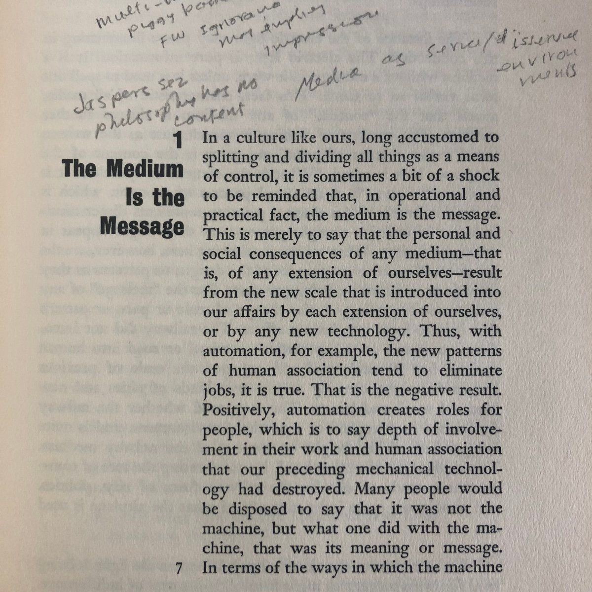 Annotated page from The Medium Is the Message with printed text and handwritten notes.