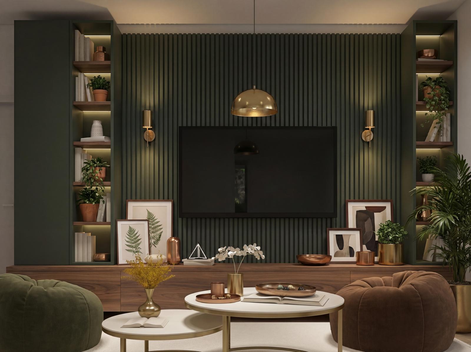 Rendering del raffinato soggiorno con boiserie a listelli verde bosco e dettagli oro, interni di pregio per i nuovi appartamenti a Torino Ovest (Collegno) vicino alla metropolitana.