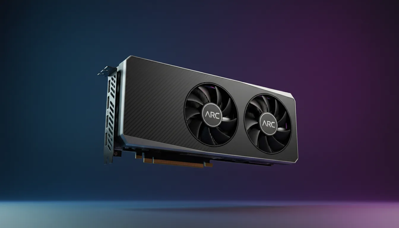 Professional 3D product render of a sleek, black Intel ARC graphics card, floating horizontally with a soft shadow. The GPU has a matte finish with a subtle diagonal line texture and silver accents. Soft studio lighting creates clean highlights on the product's edges. The background is a dark, textured studio backdrop with a deep blue and purple gradient.