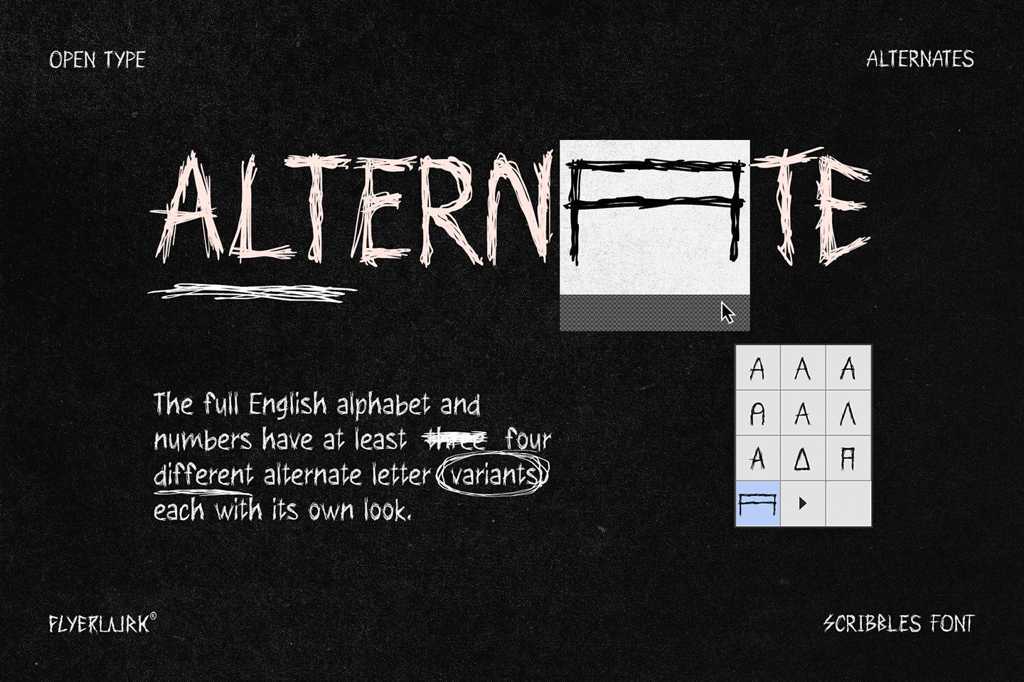 Detailed look at the four different alternate letter variants included in the Scrawlpunk typeface software