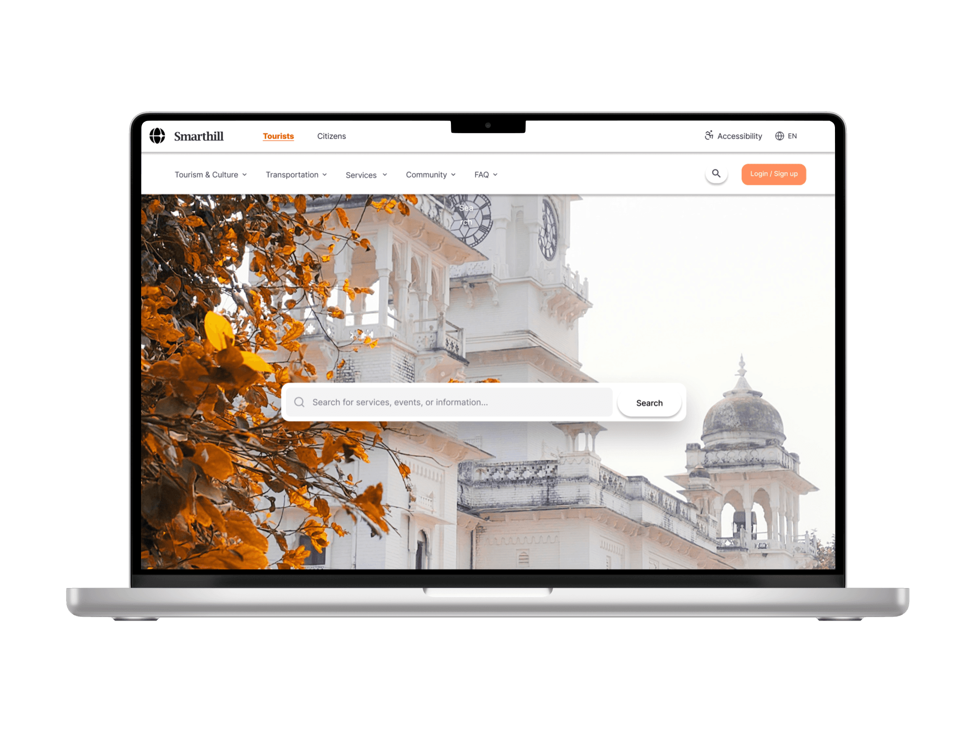 Smarthill desktop homepage showing tourist view with search bar