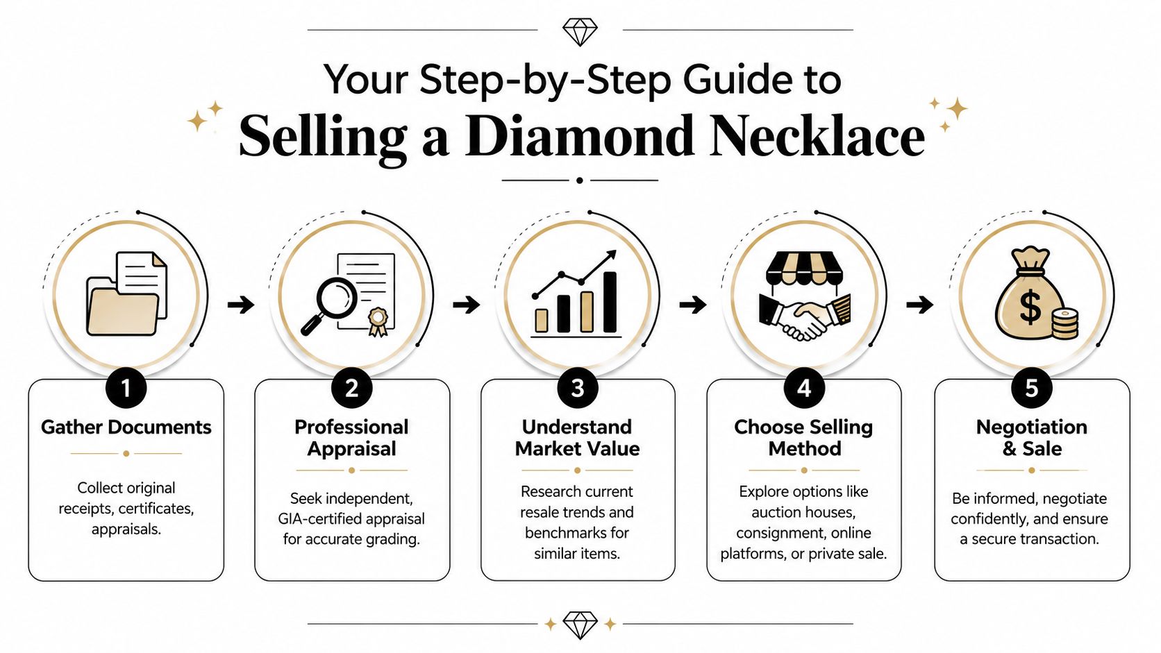 A five-step infographic guide explaining how to sell a diamond necklace, from gathering documents to final sale.