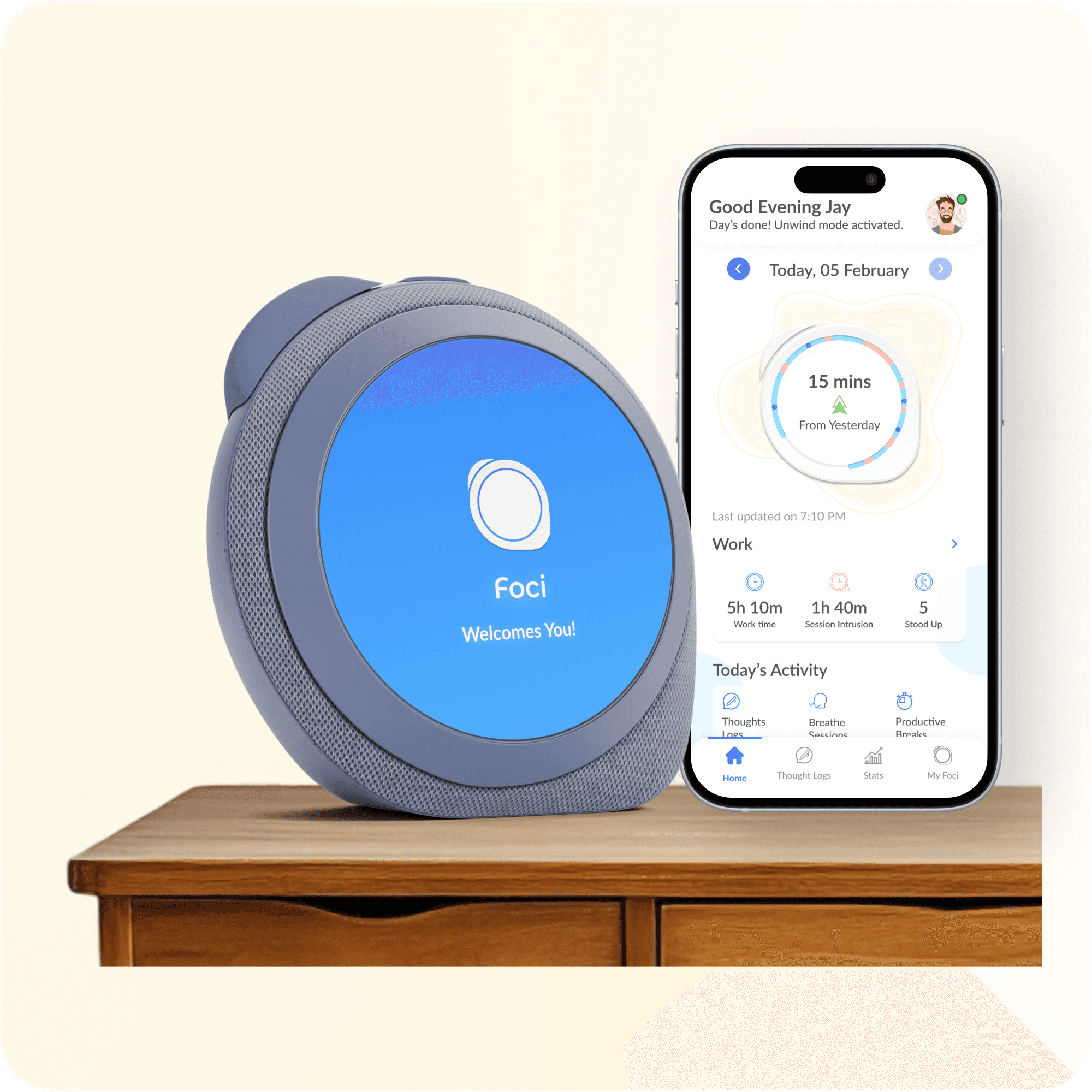 Foci mockup screens showing the smart desk device alongside its companion mobile app.