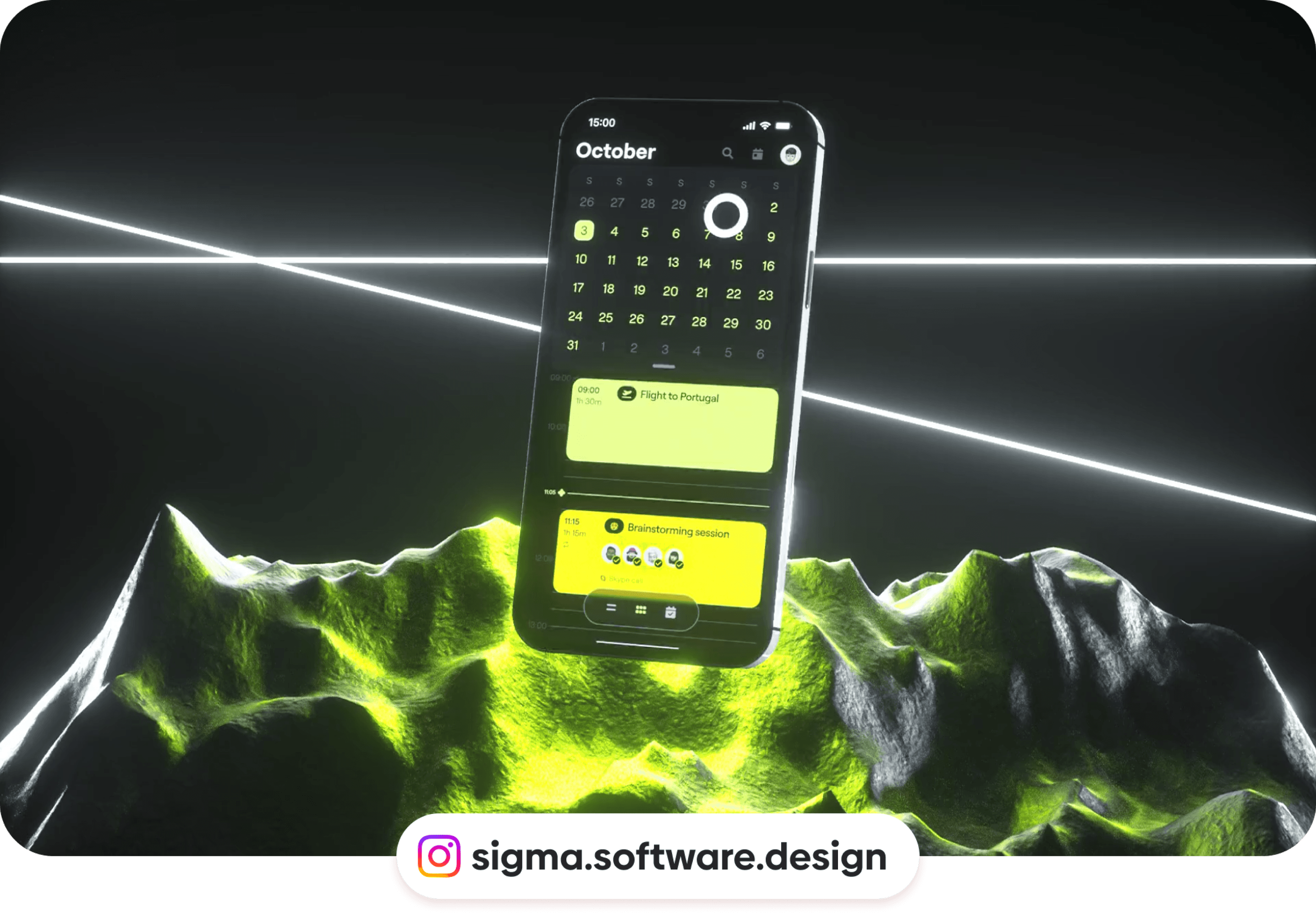Futuristic 3D scene featuring a floating smartphone displaying a dark-mode October calendar UI with neon yellow event cards, hovering above glowing green digital mountains with bright white laser lines in the background — modern mobile app interface design concept.