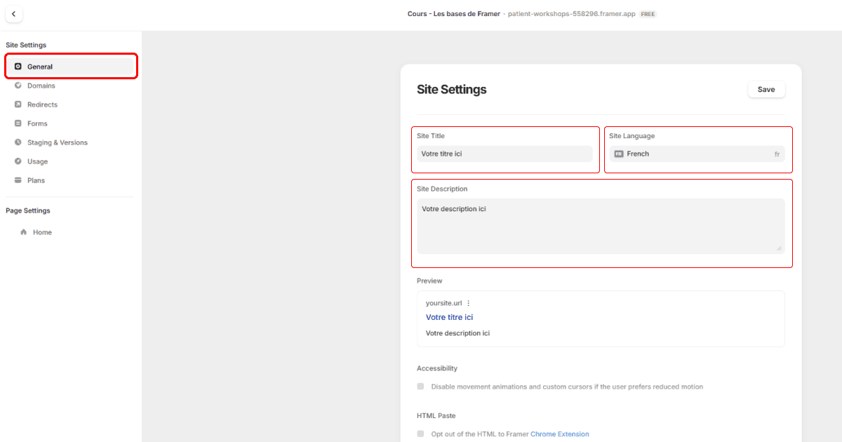 Paramètres SEO dans Framer pour modifier le titre, la meta description et l’image de partage
