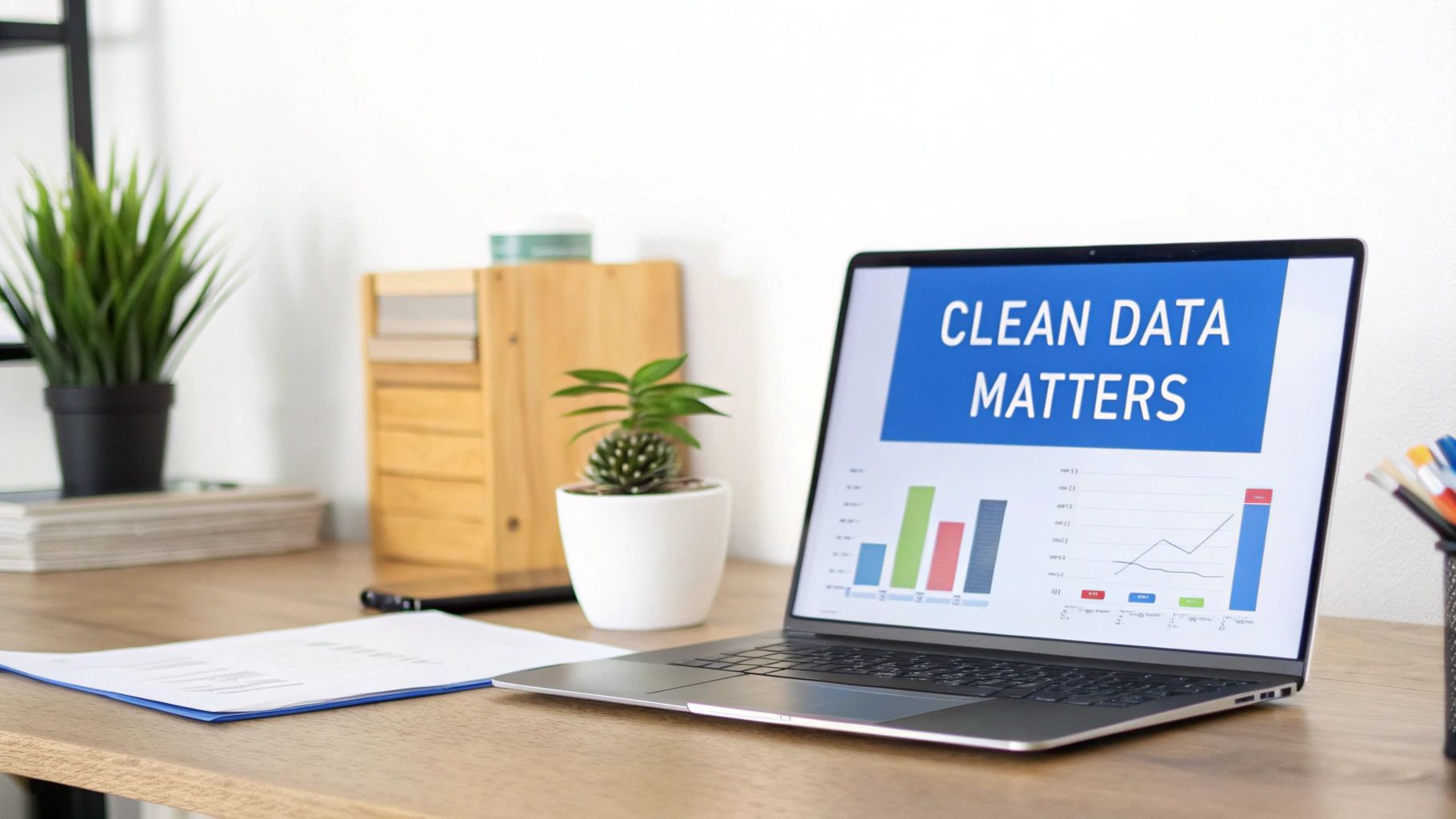 A laptop displaying a 'CLEAN DATA MATTERS' presentation with charts, on a wooden desk with plants and documents.