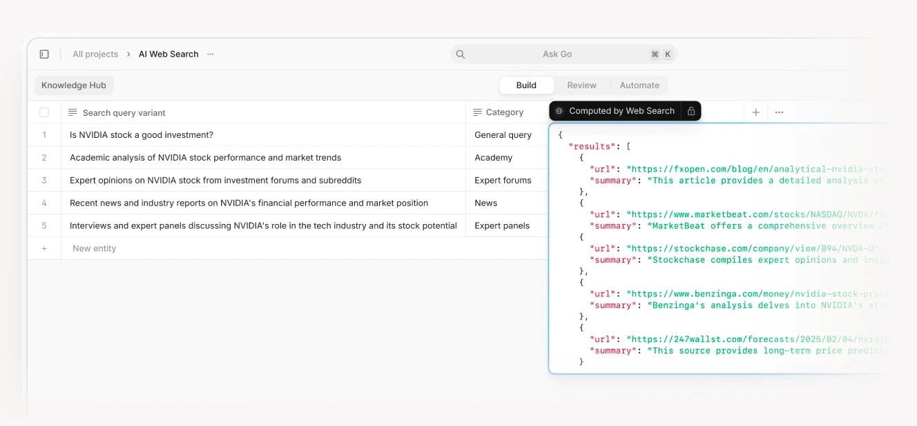 A screenshot of an AI web search tool interface displaying a list of search query variants related to NVIDIA stock, categorized under "General query," "Academy," "Expert forums," "News," and "Expert panels." On the right, JSON code snippets show extracted URLs and summarized results.