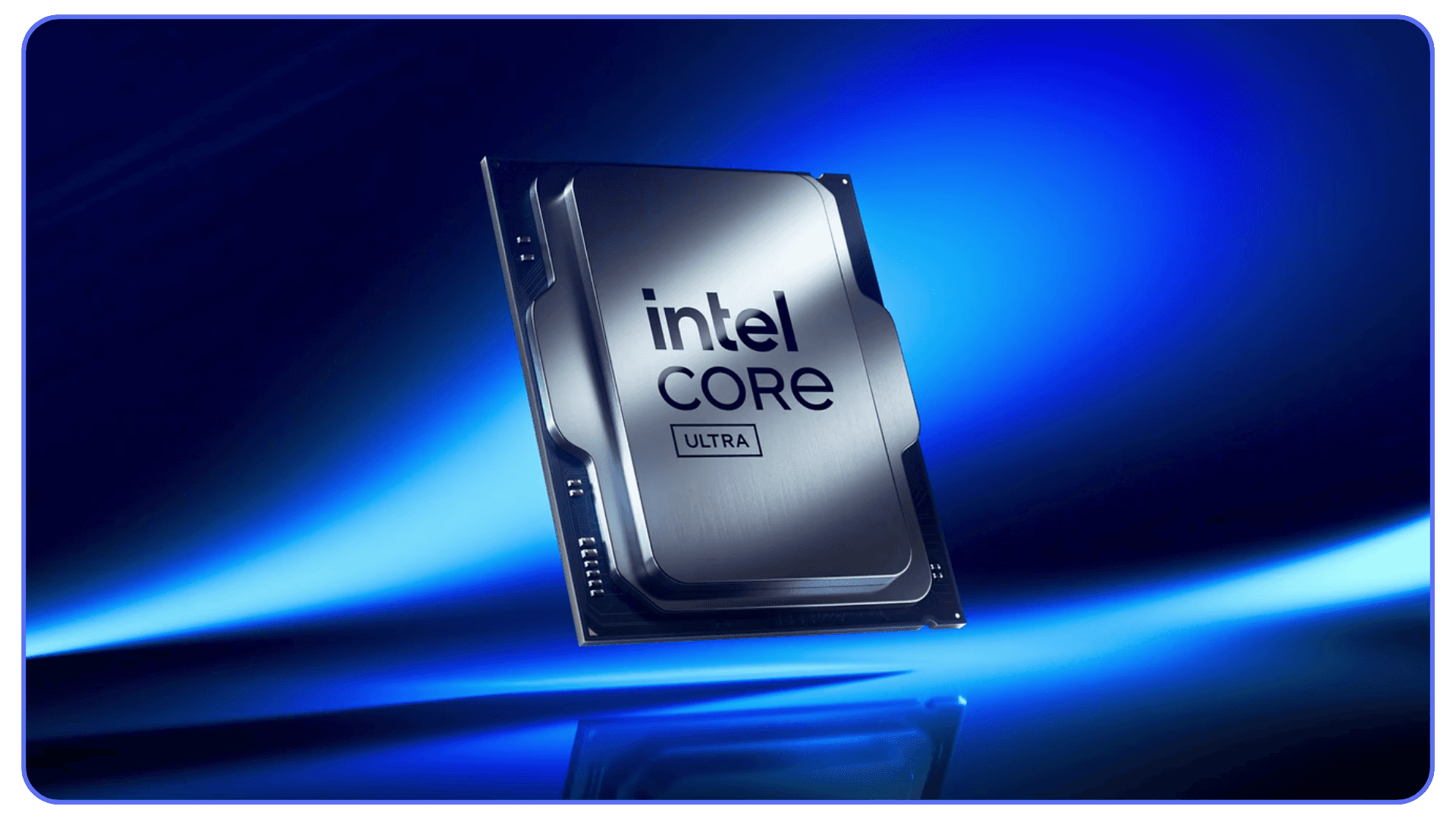 Close-up render of an Intel Core Ultra CPU on a blue gradient background.