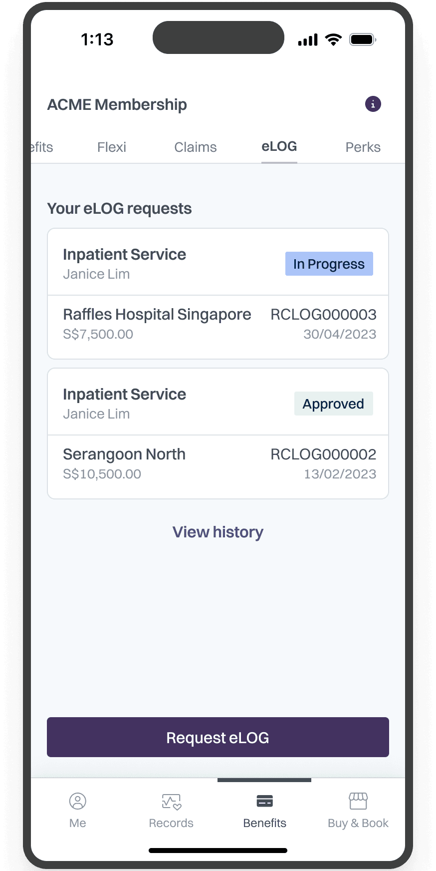 Shows the eLOG section of the ACME Membership app, listing inpatient service requests with their statuses, such as 'In Progress' or 'Approved', including service costs and the hospital or location.