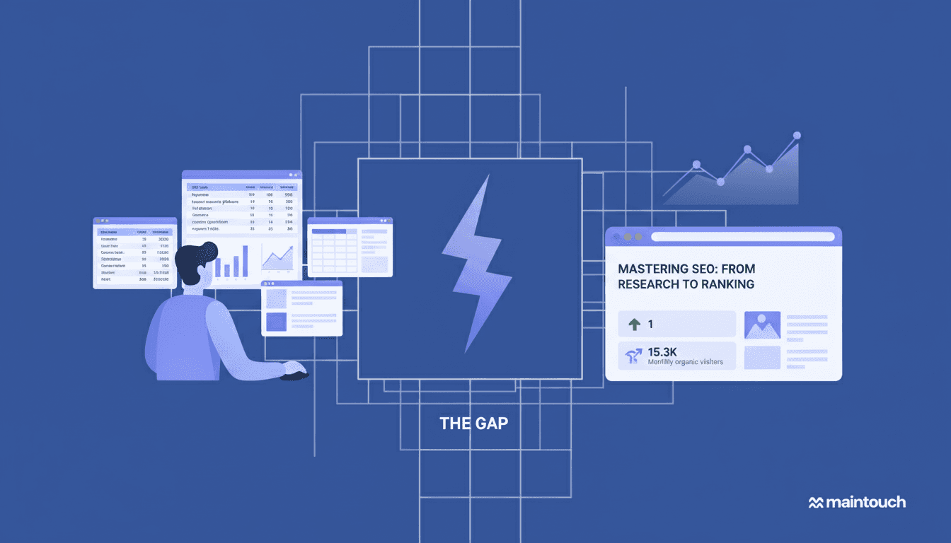 A modern, professional illustration showing the gap between keyword research and execution. Left side: a person looking at keyword data on multiple screens with charts and spreadsheets. Center: a large gap or disconnect symbol. Right side: published content on a website with ranking indicators and traffic metrics. Use a clean, flat design style with blue and purple gradient colors. Include visual elements like keyword lists, search volume charts, content documents, and website pages. Make it suitable for a B2B SaaS blog about SEO and keyword research tools.