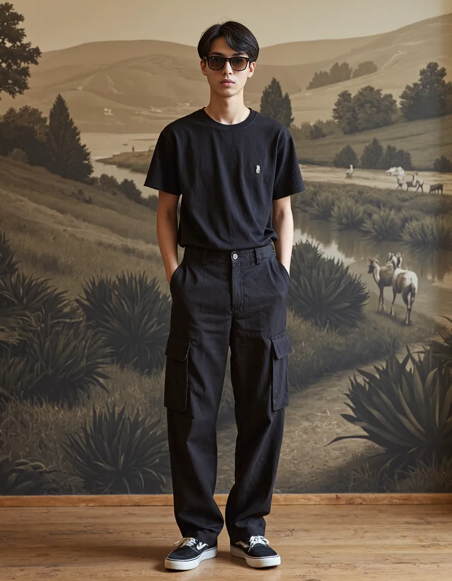 Fashion portrait featuring black casual wear against an artistic pastoral landscape backdrop with rolling hills and horses