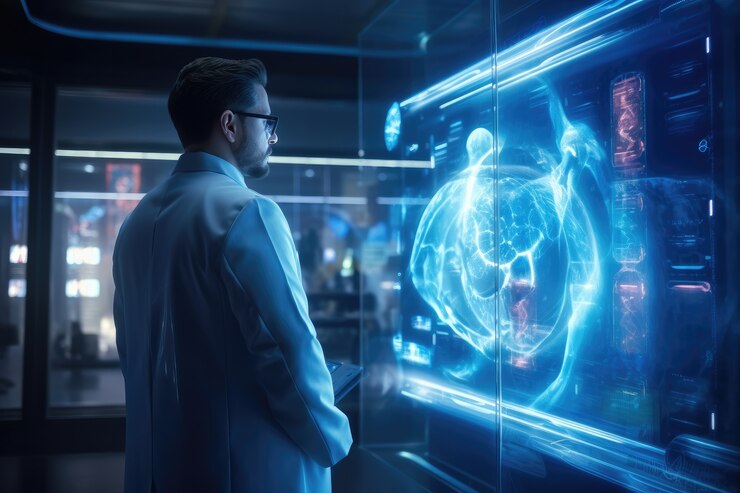 Doctor looking at a cardivascular scan of the body at a futuristic lab in Palatine, Top cardiology Medical Billing Company in Palatine : Expert Medical Billing