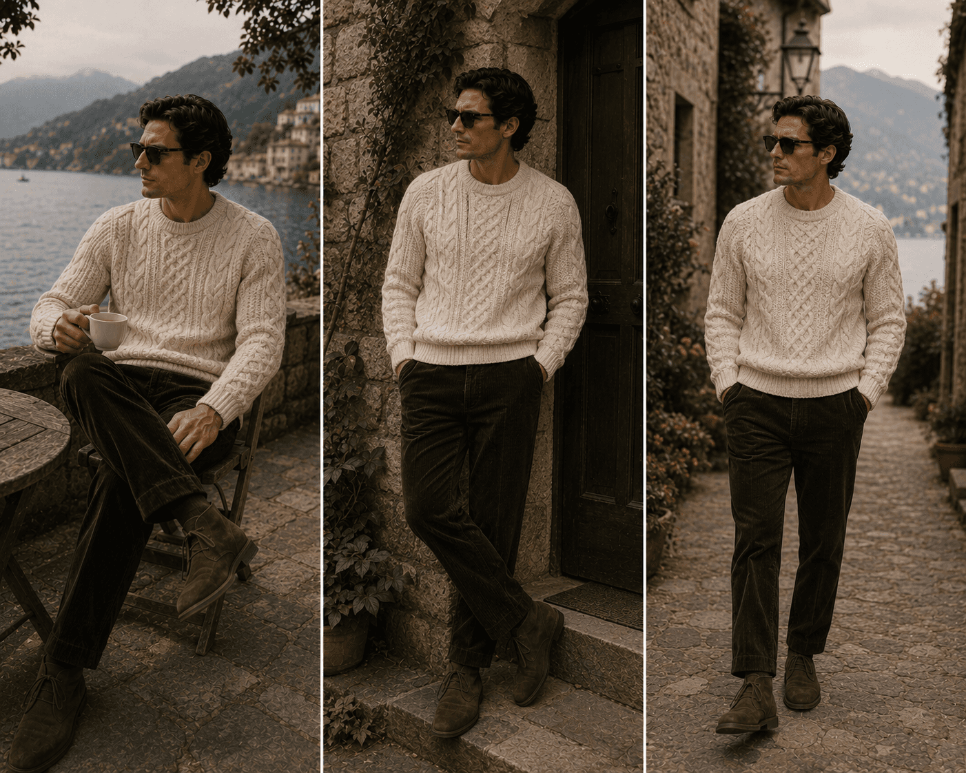 A three-panel full-body fashion lookbook featuring a stylish man in cozy autumn menswear modeled at an English countryside estate. He wears a heavy cream-colored cable-knit turtleneck sweater, dark brown corduroy trousers, dark brown leather Chelsea boots, and dark sunglasses. The left panel shows him leaning casually against a stone wall next to a wooden gate. The middle panel shows him seated relaxed on a wooden bench holding a white coffee mug. The right panel shows a rear view as he walks along a gravel driveway toward a stone manor house.