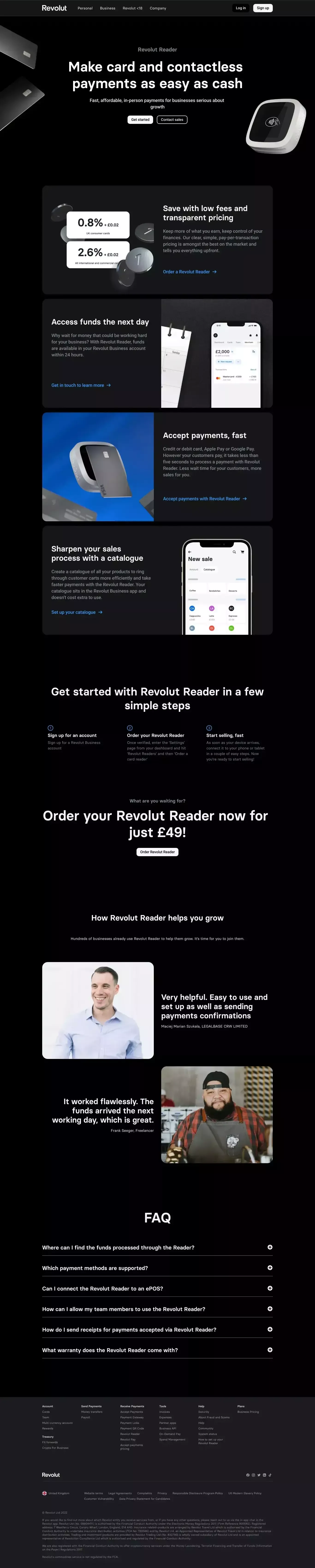 Revolut Reader landing page screenshot showcasing Tech and Finance design