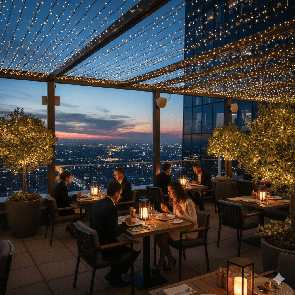 Open-air rooftop terrace restaurant with city views at M3M Sector 57 Gurugram commercial hub