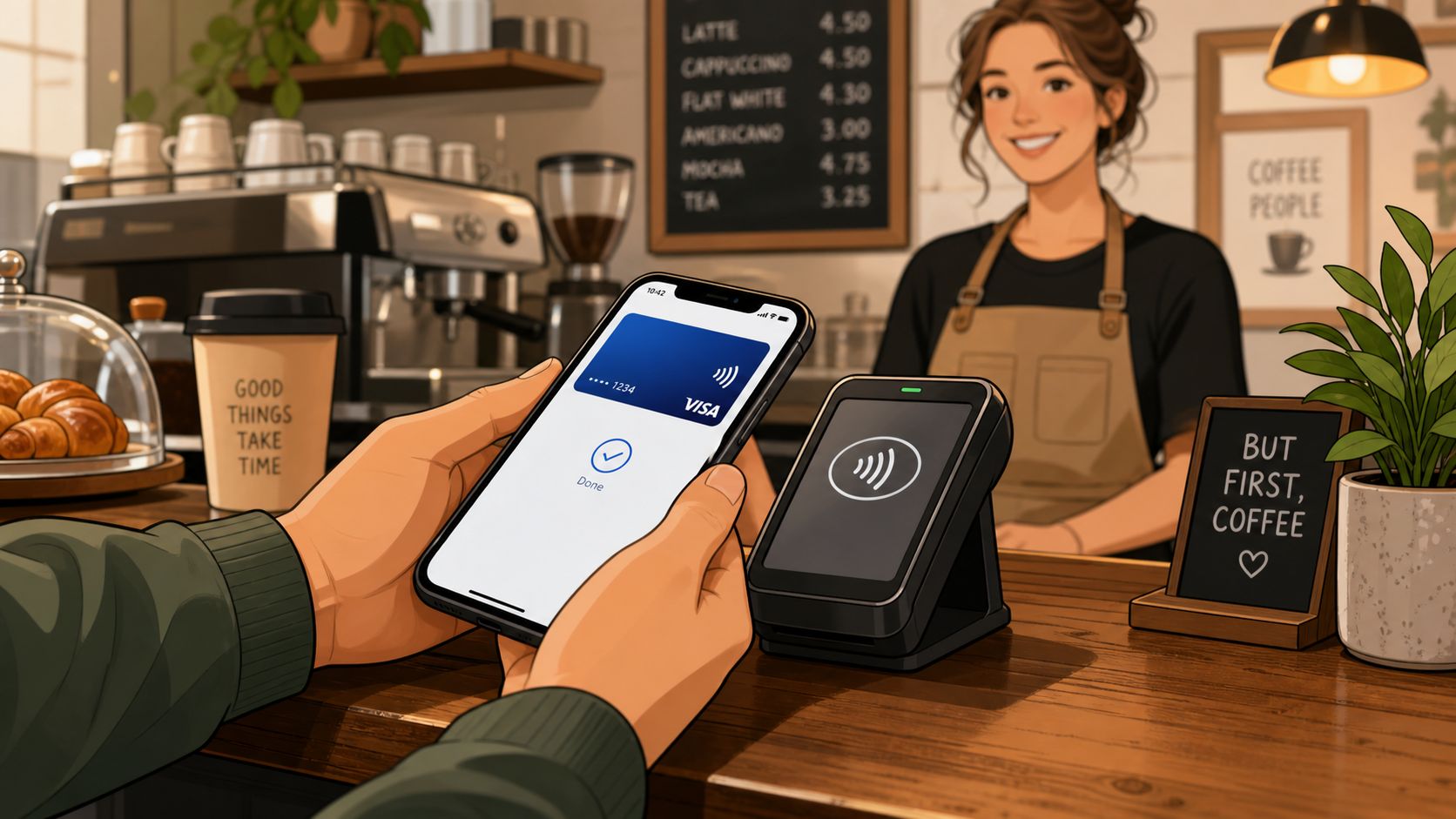 Ilustración de un cliente realizando un pago sin contacto con su smartphone en el mostrador de una cafetería.
