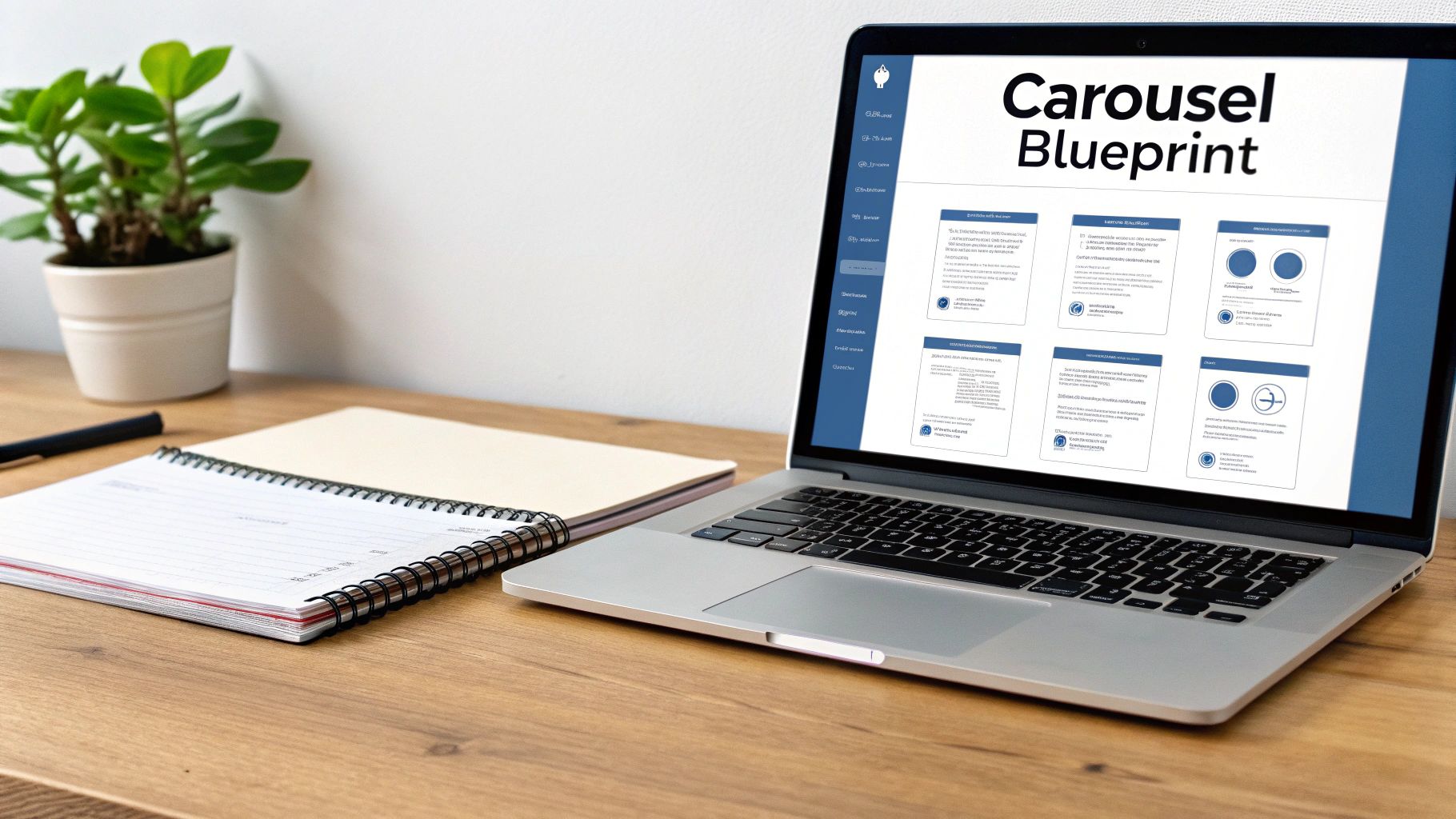 A laptop on a wooden desk displays a 'Carousel Blueprint' with design examples, next to a notebook and a plant.