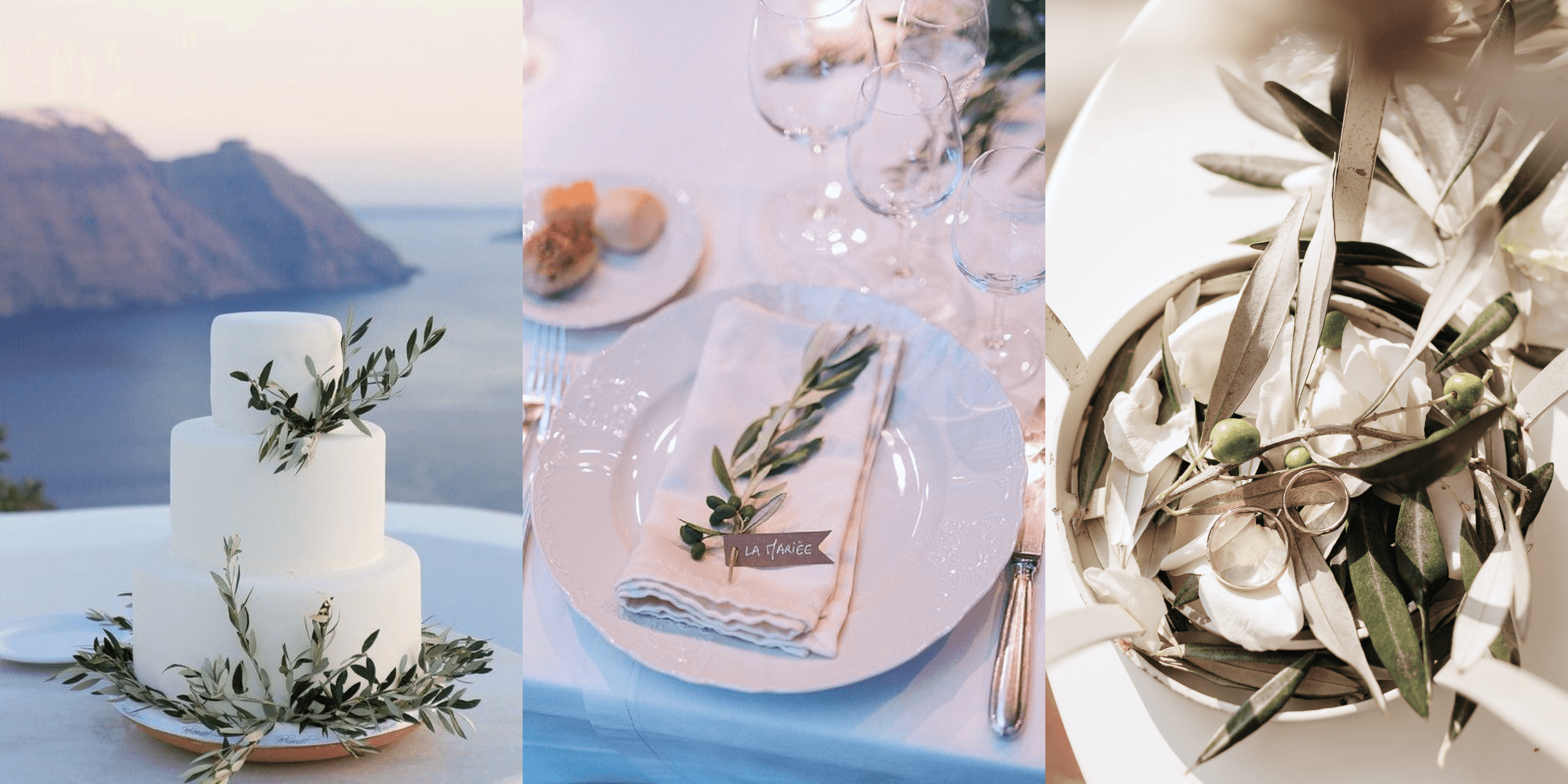 Moodboard of olive and sea wedding details