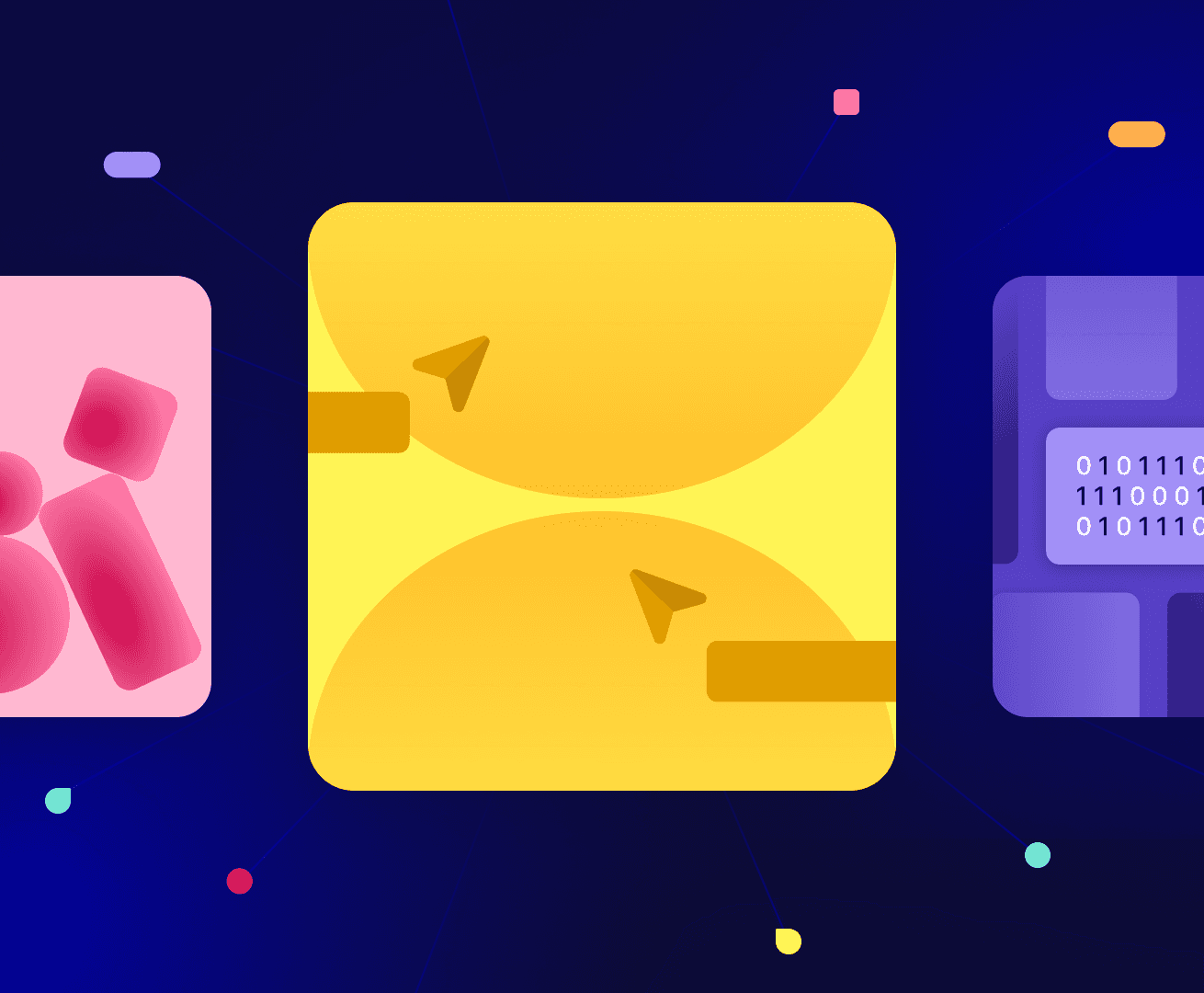 Image composed of three graphic cards: a yellow card in the center with two circles, a pink card partially visible on the left with geometric elements, and a third card on the right partially visible with purple rectangular elements.