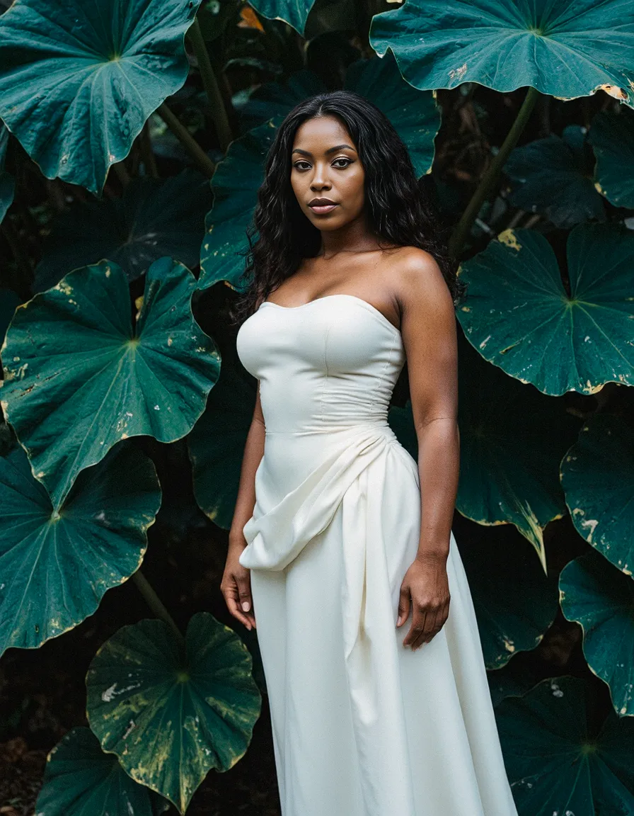 Elegant white dress portrait against backdrop of large tropical leaves, creating dramatic contrast between fashion and nature