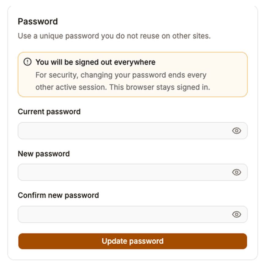 Password section warning that changing your password signs you out of every other device.