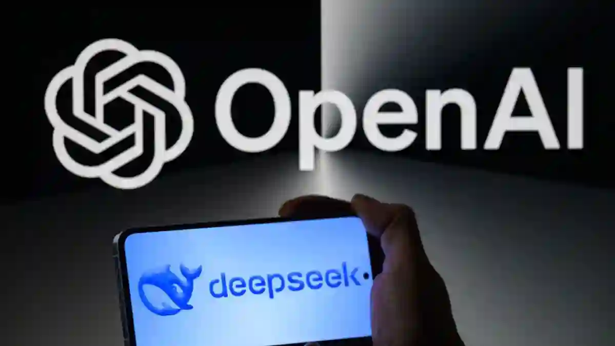 A hand holds a phone displaying Deepseek AI with the OpenAI logo in the background.