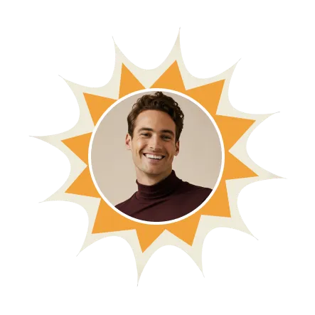 Image of a smiling person framed within a stylized, cartoon sunburst design, wearing a dark turtleneck against a neutral background.