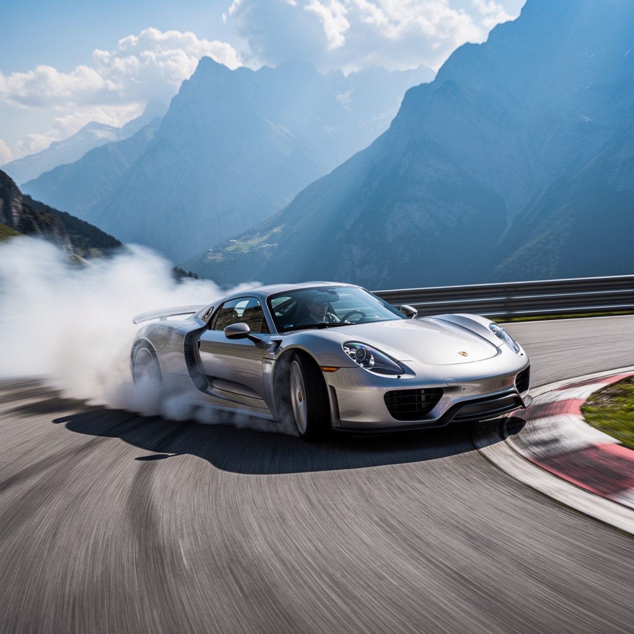 A sleek sports car drifts dramatically on a winding mountain road, creating clouds of smoke. Majestic mountains rise in the background under a cloudy sky.